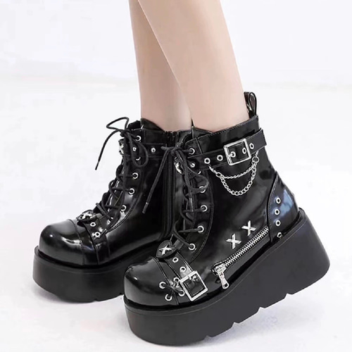 ゴスロリ/ロリータ/ブーツ/スタッズ/男女兼用/厚底/チェーン/ブラック