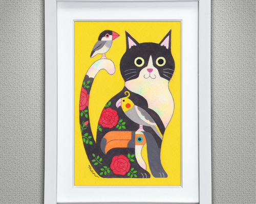 原画「ハチワレ猫と小鳥のポップ アート」 絵画 mau 通販｜Creema