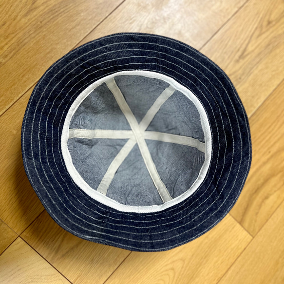 ワンウォッシュデニム☆岡山デニム☆中肉厚デニム10oz☆バケットハット 帽子☆ユニセックス☆59.5cmステッチ白 5枚目の画像