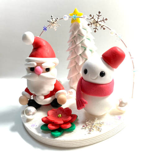 ☆サンタと雪だるまのホワイトクリスマス(受注生産) 樹脂粘土