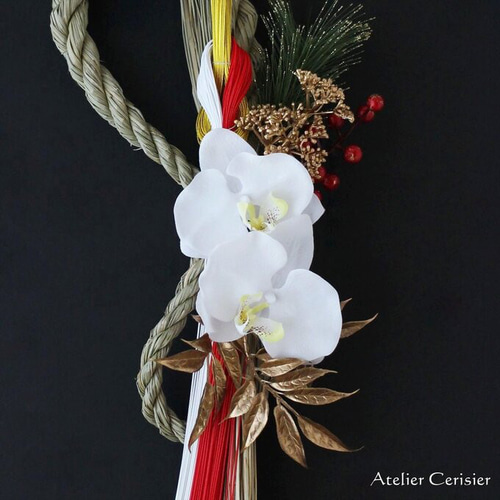 お正月飾り しめ縄＜胡蝶蘭 白＞アーティフィシャルフラワー しめ縄