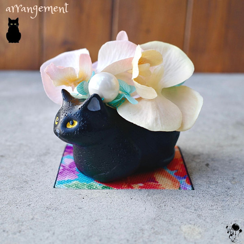 黒猫のミニアレンジ ギフト お供え花 造花 プリ インテリア ハロウィン