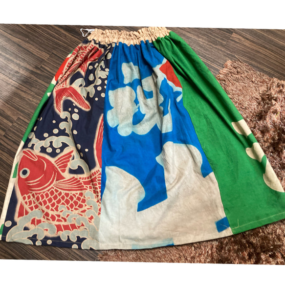 大漁旗と鯛柄の柿渋染めセットアップ　　　　　古布リメイク 5枚目の画像