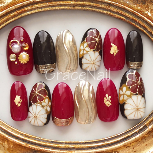 現品販売！ネイルチップ No.857 成人式卒業式和柄振袖 ネイルチップ