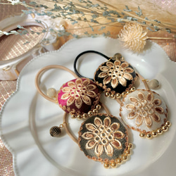 送料無料 インド刺繍リボンヘアゴム 秋冬 大人かわいい ゴールド