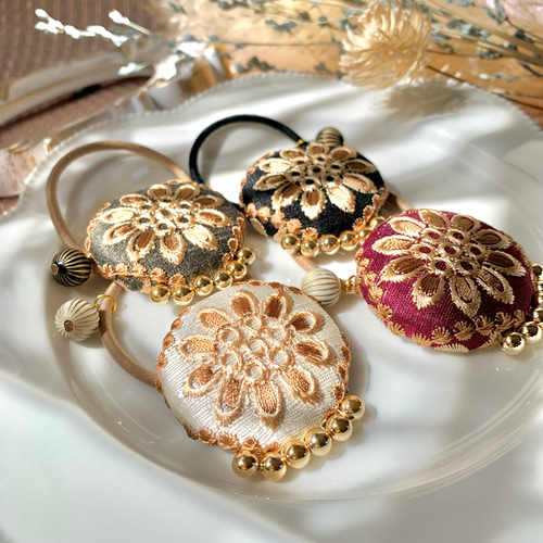 大人可愛いリボンヘアゴム☆インド刺繍リボン×ペタシャムリボンP507