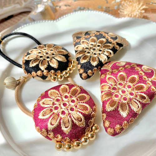 大人可愛いリボンヘアゴム☆インド刺繍リボン×ペタシャムリボンP544 大人可愛いリボンヘアゴム☆インド刺繍リボン×ペタシャムリボンP544