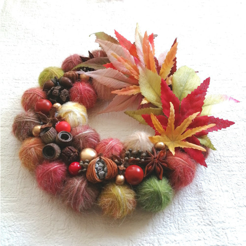 毛糸玉リース☆赤いキラキラ 毛糸玉リース☆赤いキラキラ 赤 レッド クリスマスリース ウェルカム