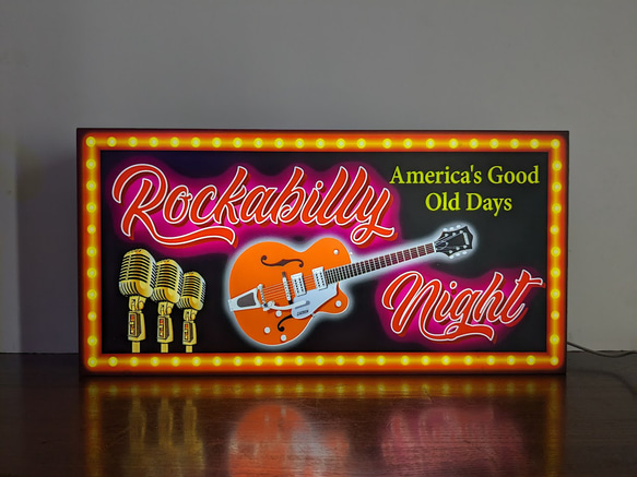 【Lサイズ】ロカビリー ギター マイク オールディーズ ロックンロール 店舗 自宅 照明 看板 置物 雑貨 ライトBOX 2枚目の画像