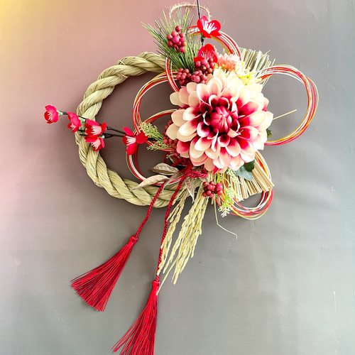 早割＊美麗ダリアと五重水引きで祝う新年のお正月しめ縄飾り*赤or
