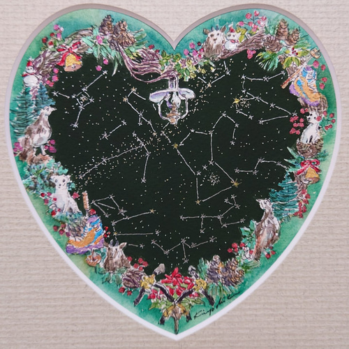 美品  Xmasの星座」ハート型Xmasリース 絵画 日本アルプス 登山 水彩画 絵画