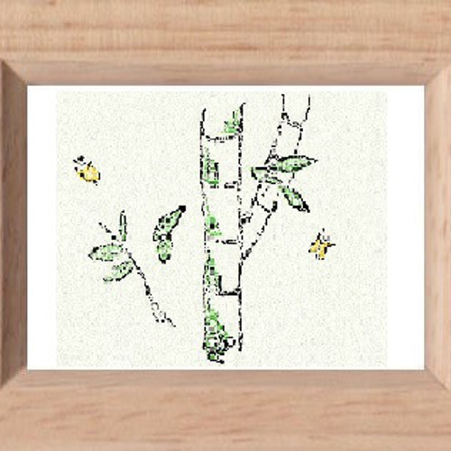 竹 水墨画 木製額縁付き