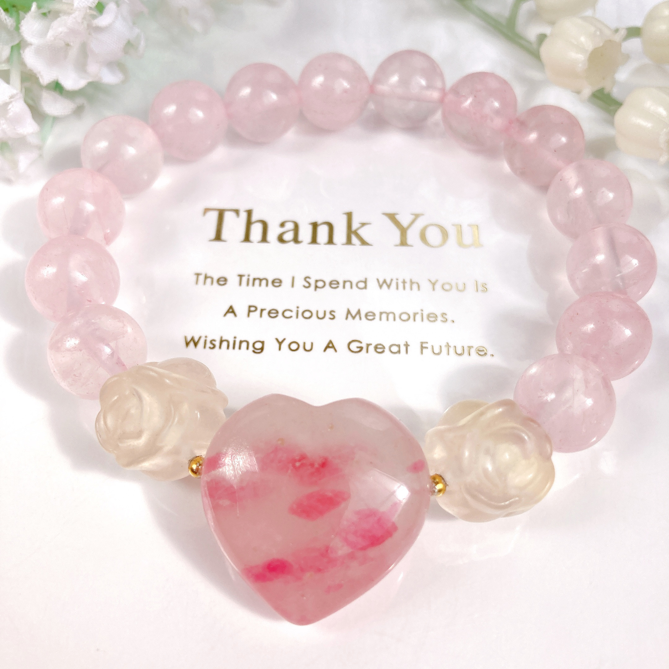 大粒ロードナイトシリカハートフローライト薔薇天然石ブレスレット 11,544円