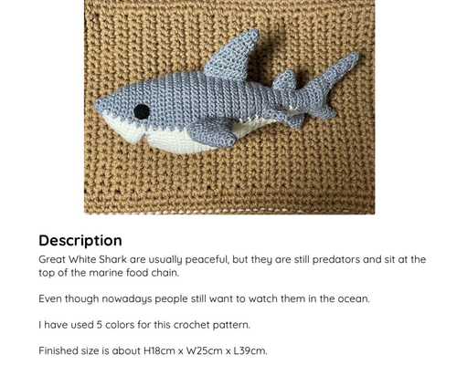 DL編み図】かぎ針編み海洋生物ホオジロザメかわいい編みぐるみ 編み図