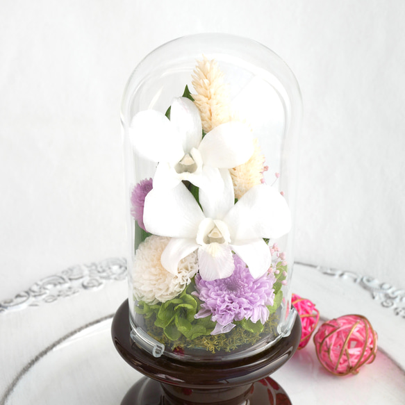 「仏花」デンファレのプリザーブドフラワーのガラスドーム パープル系＜受注制作＞お供え花 2枚目の画像