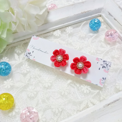 2日で発送 つまみ細工 髪飾り 赤 ピンク うさぎ 和玉 パールチェーン