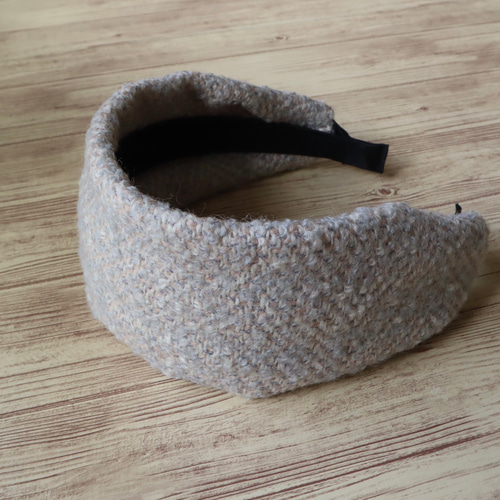 ツイードウールのシンプルな幅広カチューシャ（グレー・ベージュ系