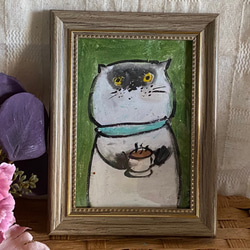 絵画。原画手描き【猫ちゃんは楽しくコーヒーを飲みます】 1枚目の画像