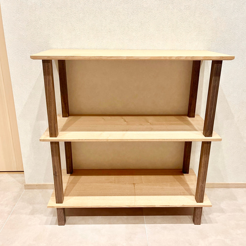 レア！一点物！アンティーク調 木製三段シェルフ ウッドラック 無垢材 良質な無垢家具 アッシュ×ウォールナット バイカラーが目を引く三段