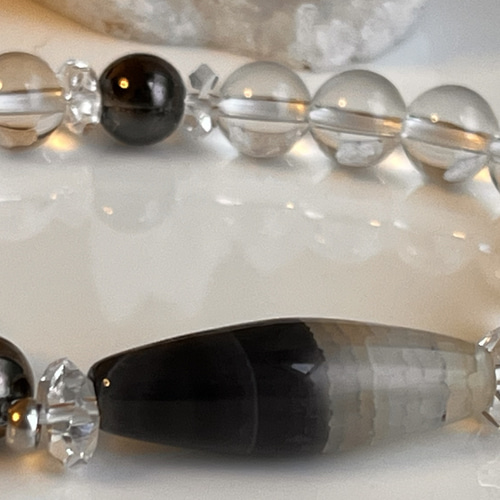 龍紋天珠♡黒龍♡5A水晶♡ハーフブラック水晶♡メンズサイズブレス  