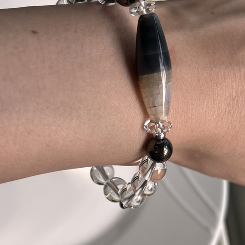 龍紋天珠♡黒龍♡5A水晶♡ハーフブラック水晶♡メンズサイズブレス  