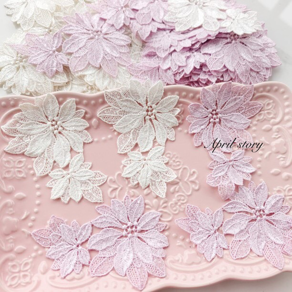 2枚/花　フラワー 　ピンク　上品　優雅　大人可愛い　レース　アップリケ　モチーフ　刺繍　手芸 1枚目の画像