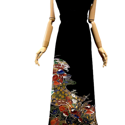 送料無料 着物 リメイク 留袖 おしどり 金彩 ロングドレス 結婚