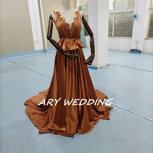 エレガント 茶色テラコッタ カラードレス Vネック 挙式 前撮り 2次会  