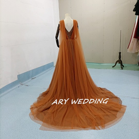 豪華！斗篷式彩色洋裝正面照赤土色V領洋裝柔軟薄紗夢幻洋裝 第10張的照片