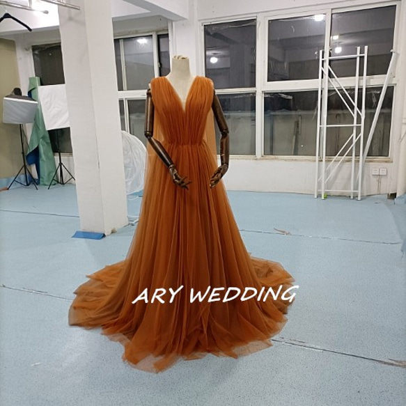 豪華！マント風カラードレス 前撮り テラコッタ色 Vネックドレス  