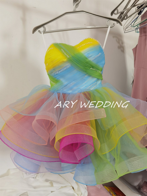 高品質！レインボー カラードレス 虹色 ミニドレス お呼ばれ/2次会  