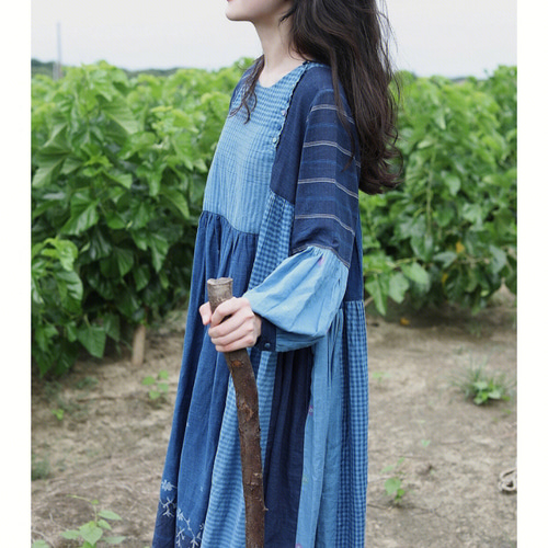 ハンドメイドワンピース 大きいサイズ レディース コットンリネンVネックギャザーワンピース