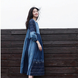 ハンドメイド ワンピース ブルー ネイビー 紺色系 ロングワンピース