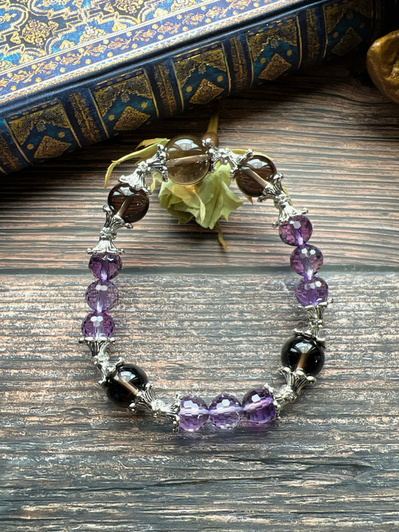ラベンダーアメジスト　スモーキークォーツ　紫水晶　煙水晶　天然石　ブレスレット　数珠 2枚目の画像