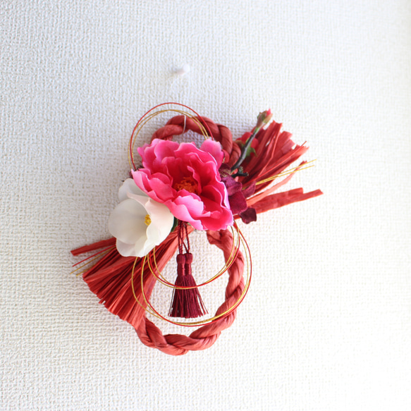 しめ縄リース　赤い椿　白い椿 赤しめ縄リース2024 しゃくやく レッド 芍薬 椿 白椿 ピンク 8