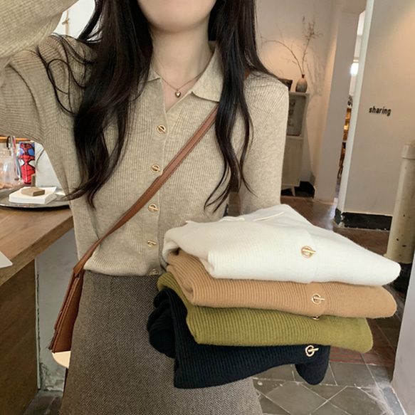 ポロ襟の上品なボタン付きニットカーディガン、一色のスリム