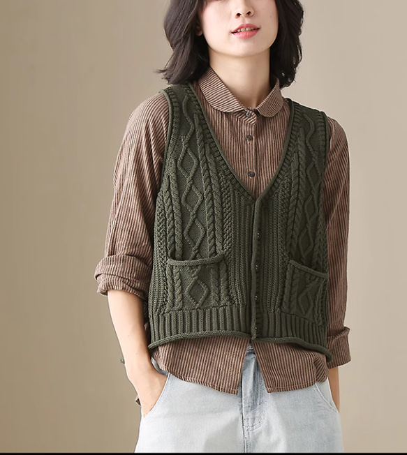 新作 重ね着.100%綿 ニットジャケットベスト 無地 手編み 全5色 ベスト