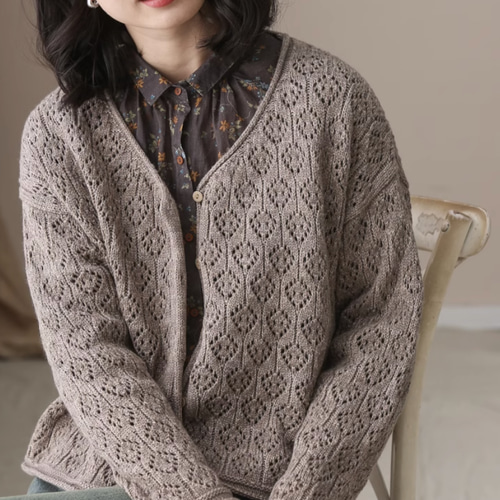 新作 全3色、綿100％透かし編みコットンカーディガンニット.ニット  