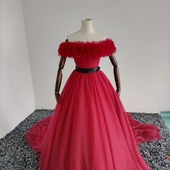 ワインレッドオフショルダードレスフリル取り外し可能