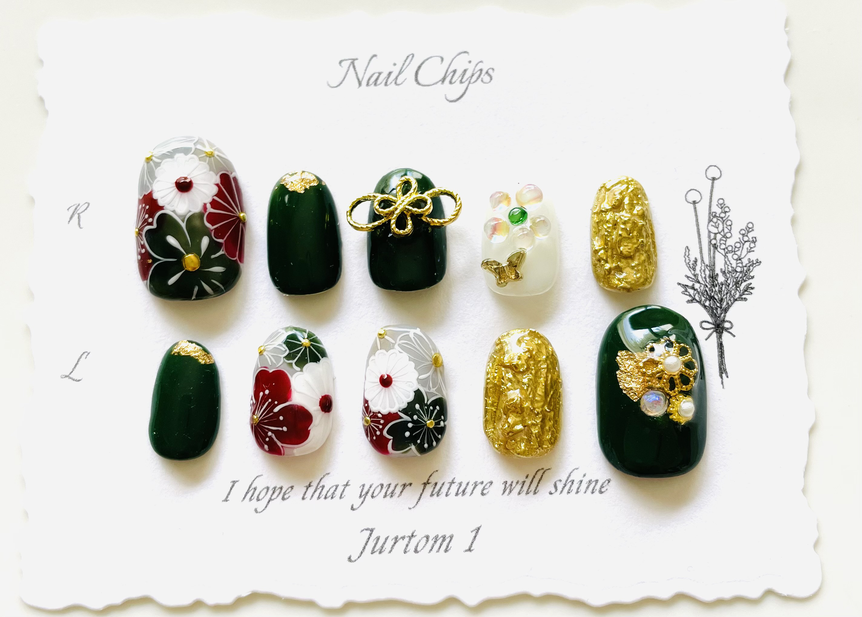 【深緑　和柄ネイル】成人式ネイル／ブライダルネイル／着物ネイル／和柄ネイル/振袖ネイル／グリーンネイル／手描きネイル