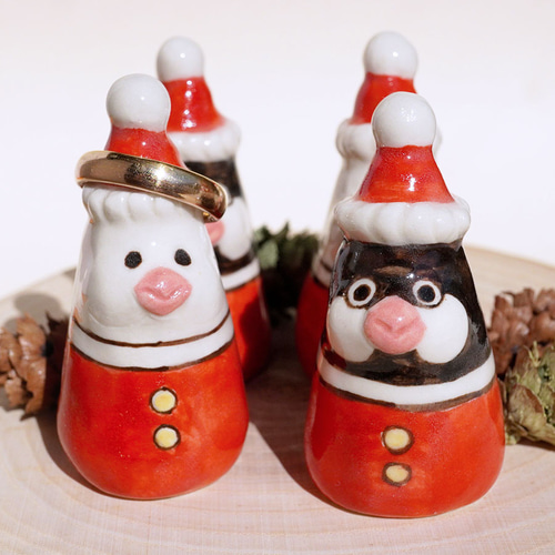 陶器]サンタ文鳥のリングスタンド[鳥 クリスマス リングホルダー