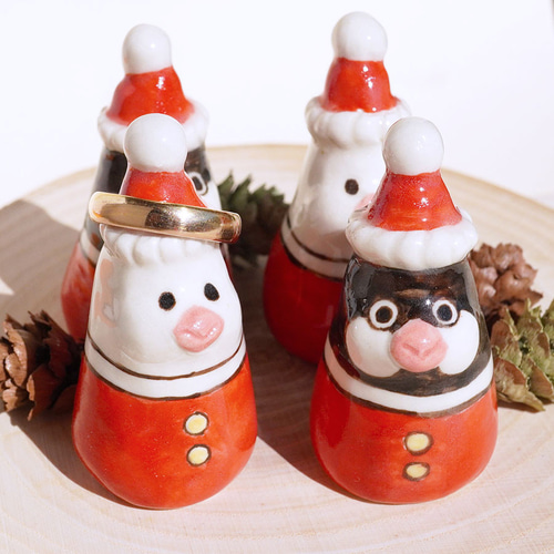 陶器]サンタ文鳥のリングスタンド[鳥 クリスマス リングホルダー