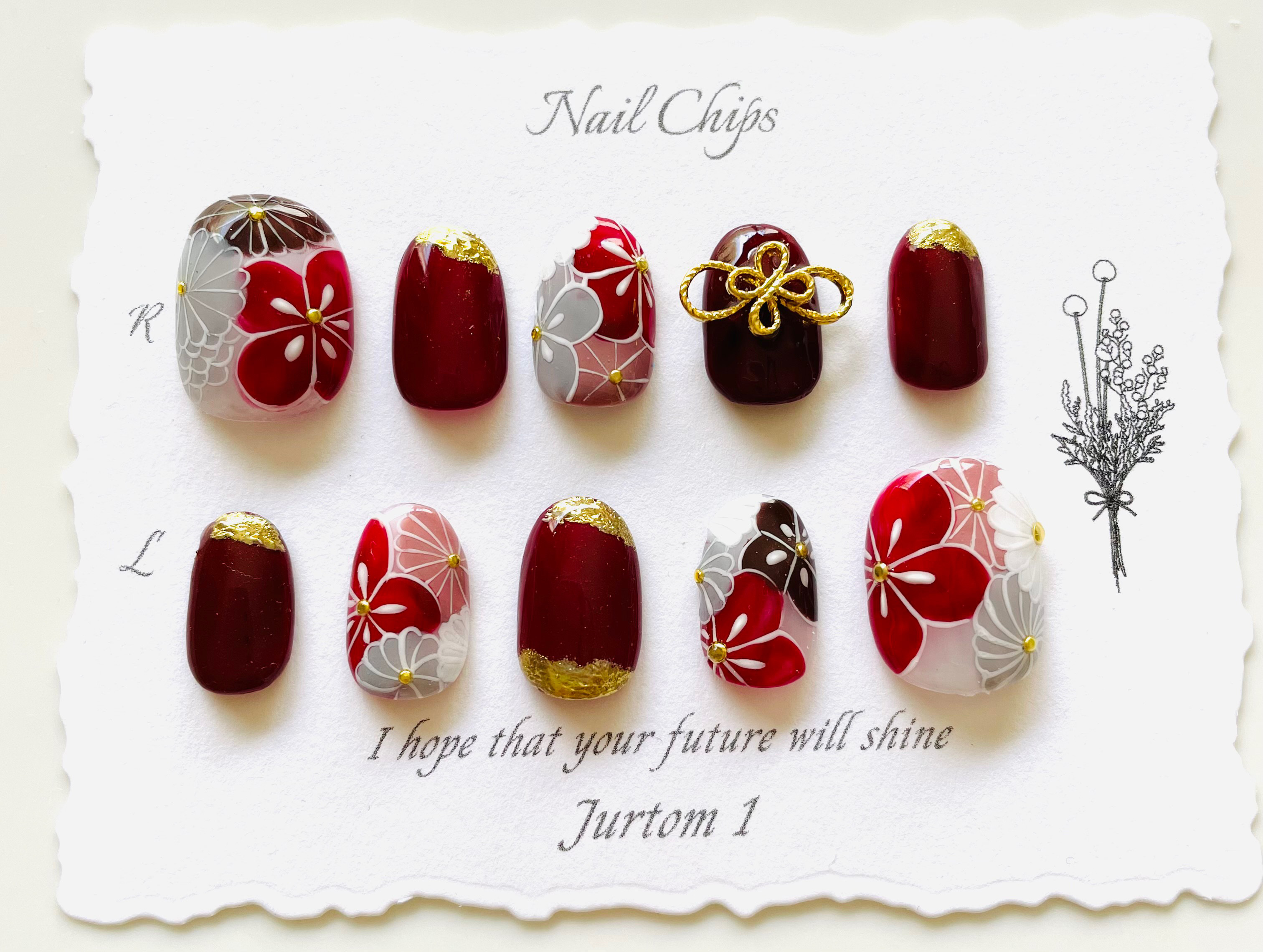 【深赤　和柄ネイル】ボルドー赤色ネイル/成人式ネイル／ブライダルネイル／着物ネイル／赤ネイル/手描きネイル／振袖ネイル