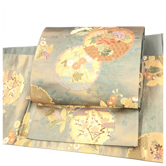 美品 上質 正絹 袋帯 二部式 斑模様 丸紋 花柄 二重太鼓 作り帯 和装