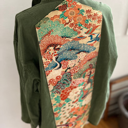 鳥獣帯パッチワーク　ビックシルエットミリタリーシャツ　着物リメイク　 10枚目の画像