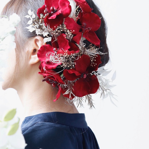 胡蝶蘭の髪飾り/アーティフィシャルフラワーとプリザーブドMIX/結婚式 