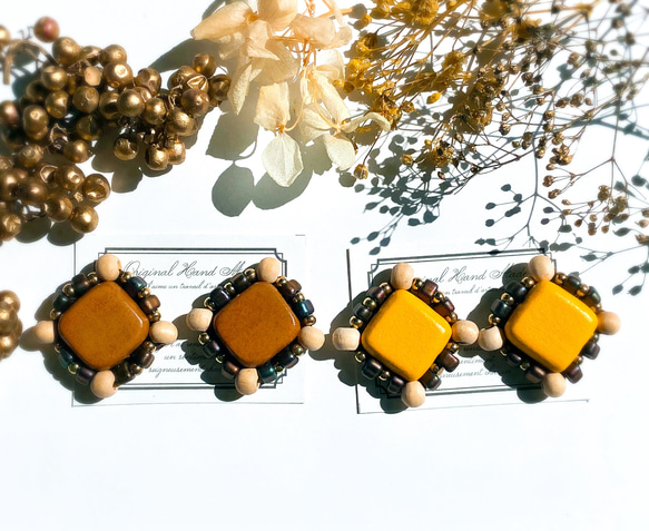 No.98【イエロー＆ブラウン】 ウッドビーズのビーズ刺繍ピアスor  