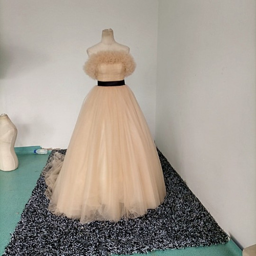 高品質！シャンパン色 カラードレストレーン 取り外しオフショルダー  