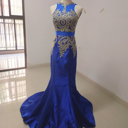 高品質！イブニングドレス 青 マーメイドライン ミニトレーン/短  