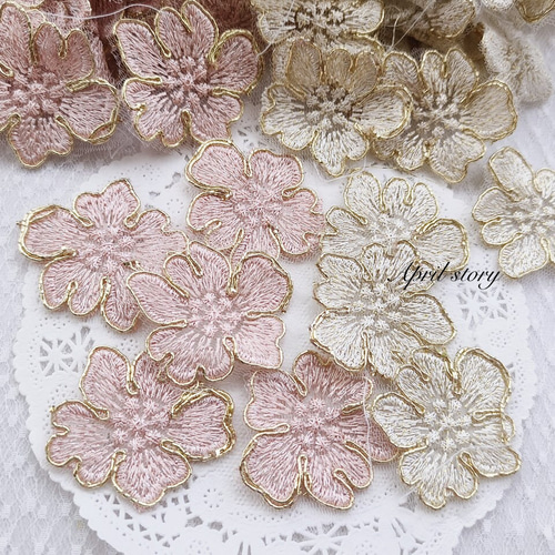 4枚/花 フラワー ピンク×ゴールド糸 上品 優雅 大人可愛い レース